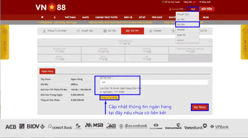 Thủ tục rút tiền tại VN88 khá linh hoạt và dễ dàng với mọi người chơi